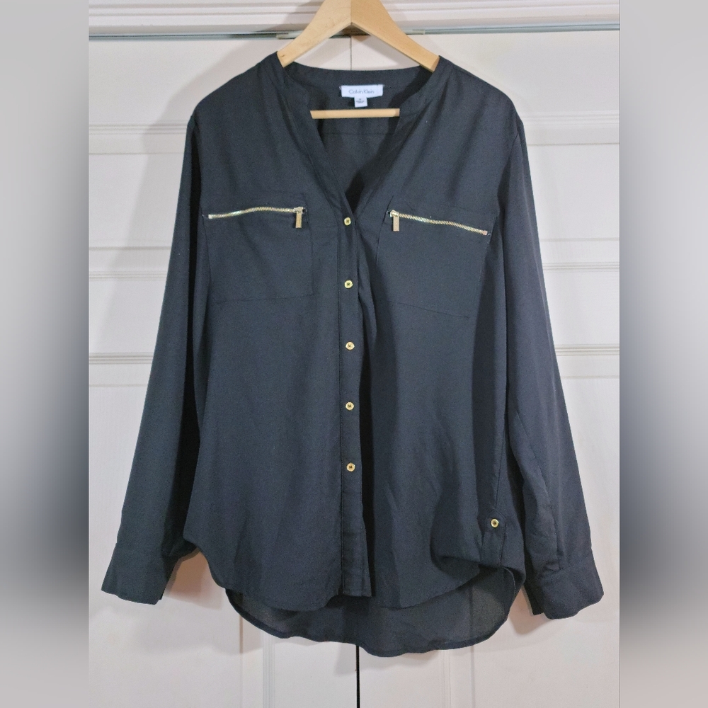 Calvin Klein Black Button-Down Blouse with Gold Accents Size M